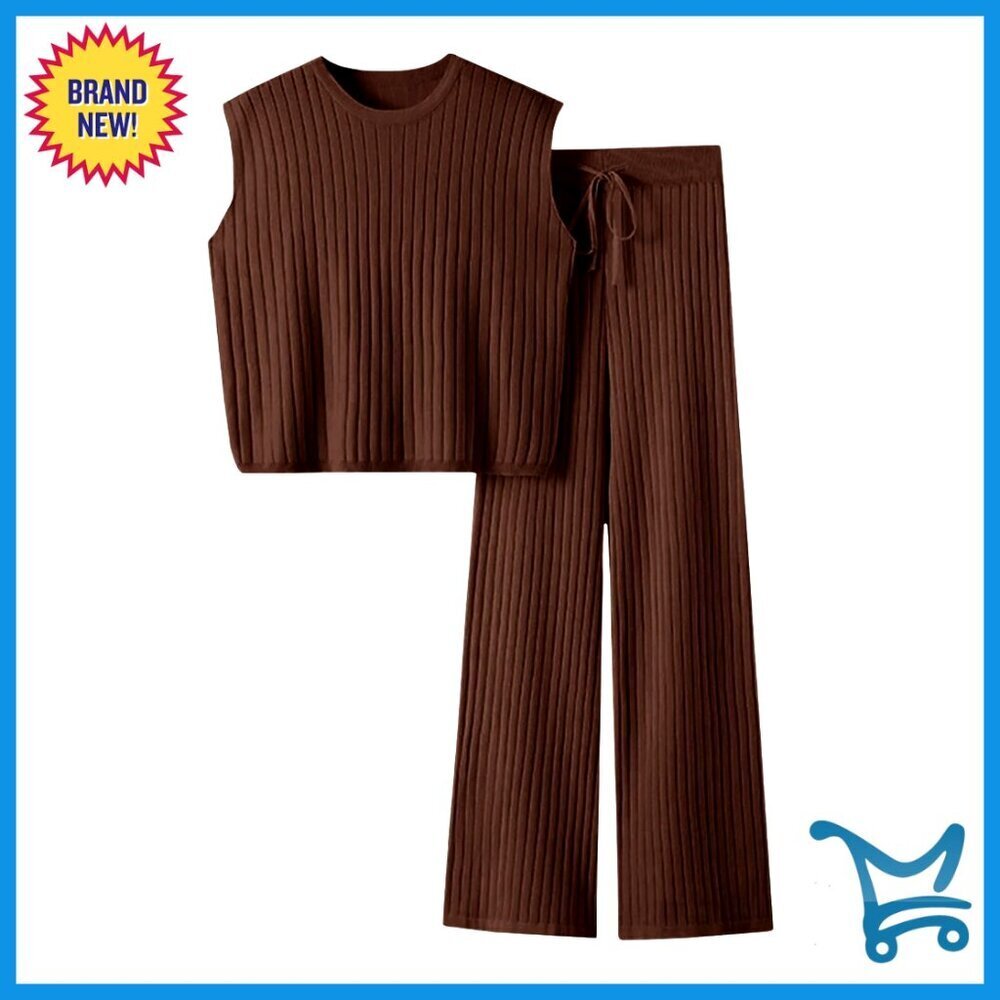 Knit Two Piece Set Sleeveless Top Wide Leg Pants Casual Summer Outfit